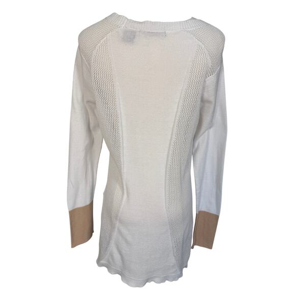 Heather B White Textured Mesh Panel Tunic Sweater L Tan Cuff - Picture 3 of 4